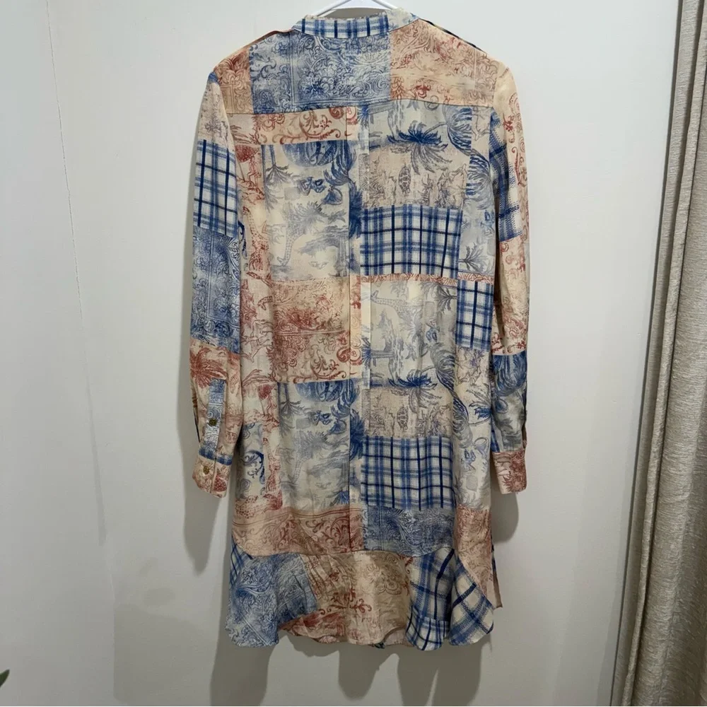 Tory Burch Patchwork Silk Shirt Dress Size 6 Blue Red Toile‎ Plaid